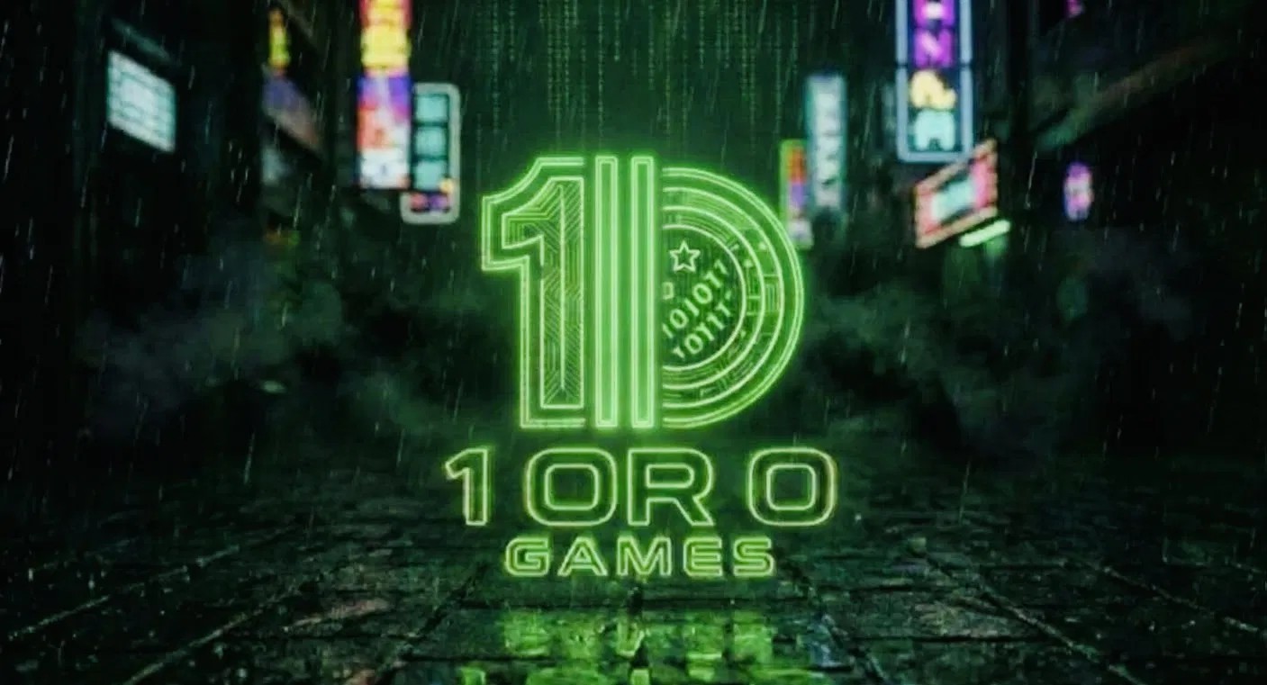 1 or 0 Games logo in neon green on a rainy city street at night